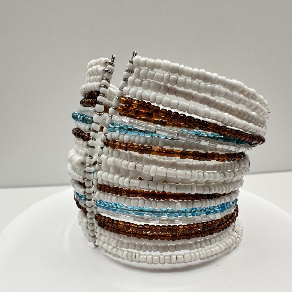 Vintage 90s Multi-Row Seed Bead Cuff Bracelet Boho Women's Jewelry